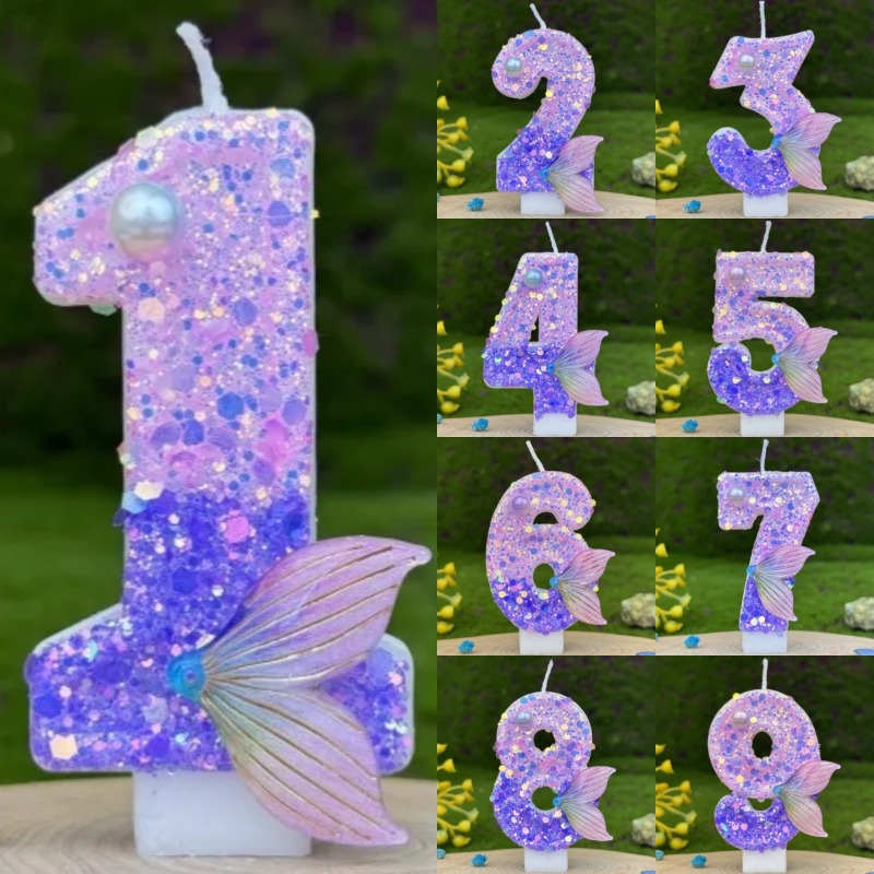 Paraffin Candle Wax - Glitzernde Lila Farbverlauf Meerjungfrauenschwanz Zahlenkerzen 0-9,